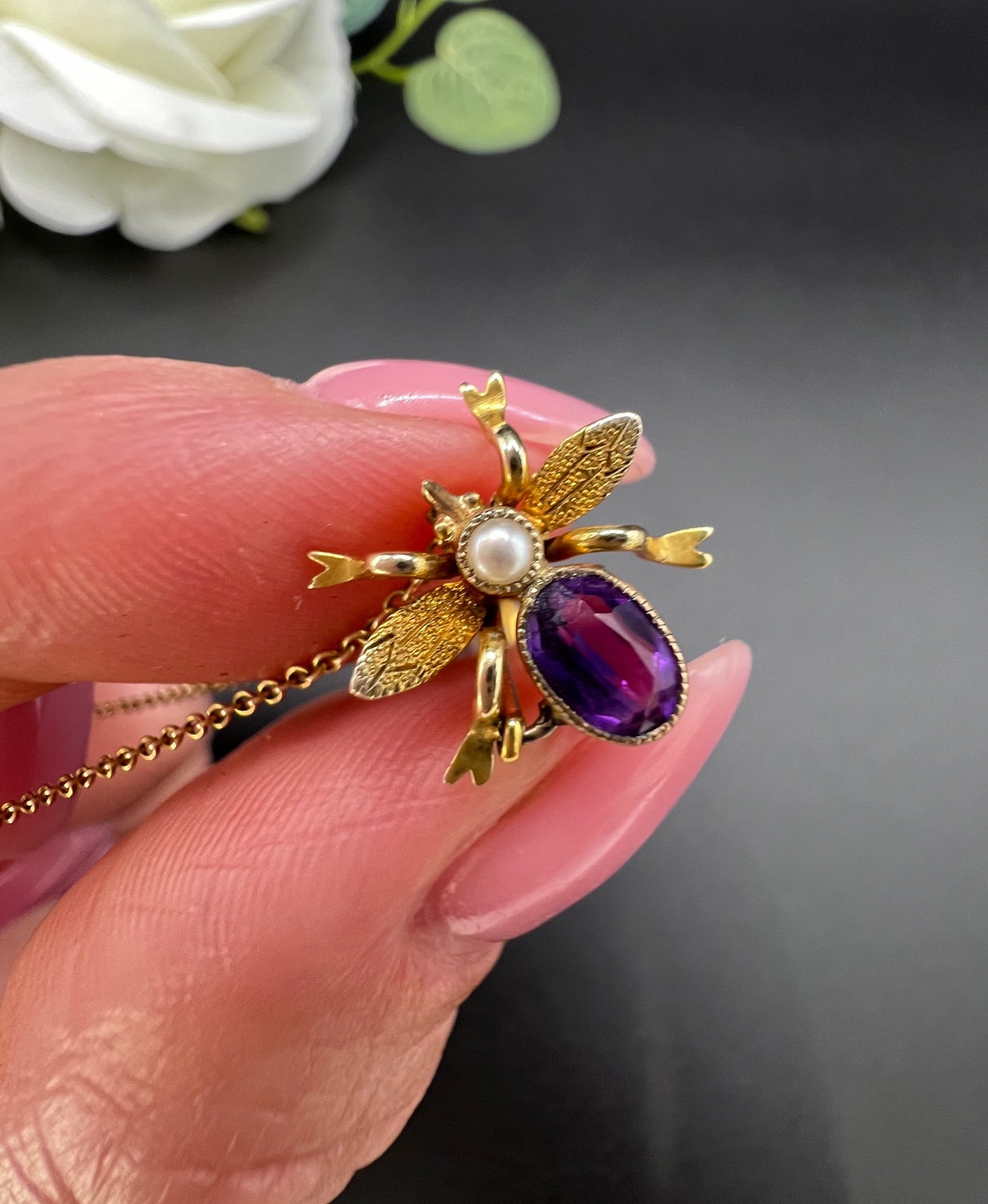 Antique 9 ct Gold, Edwardian Amethyst Spider And Fly Bug Pendant Necklace