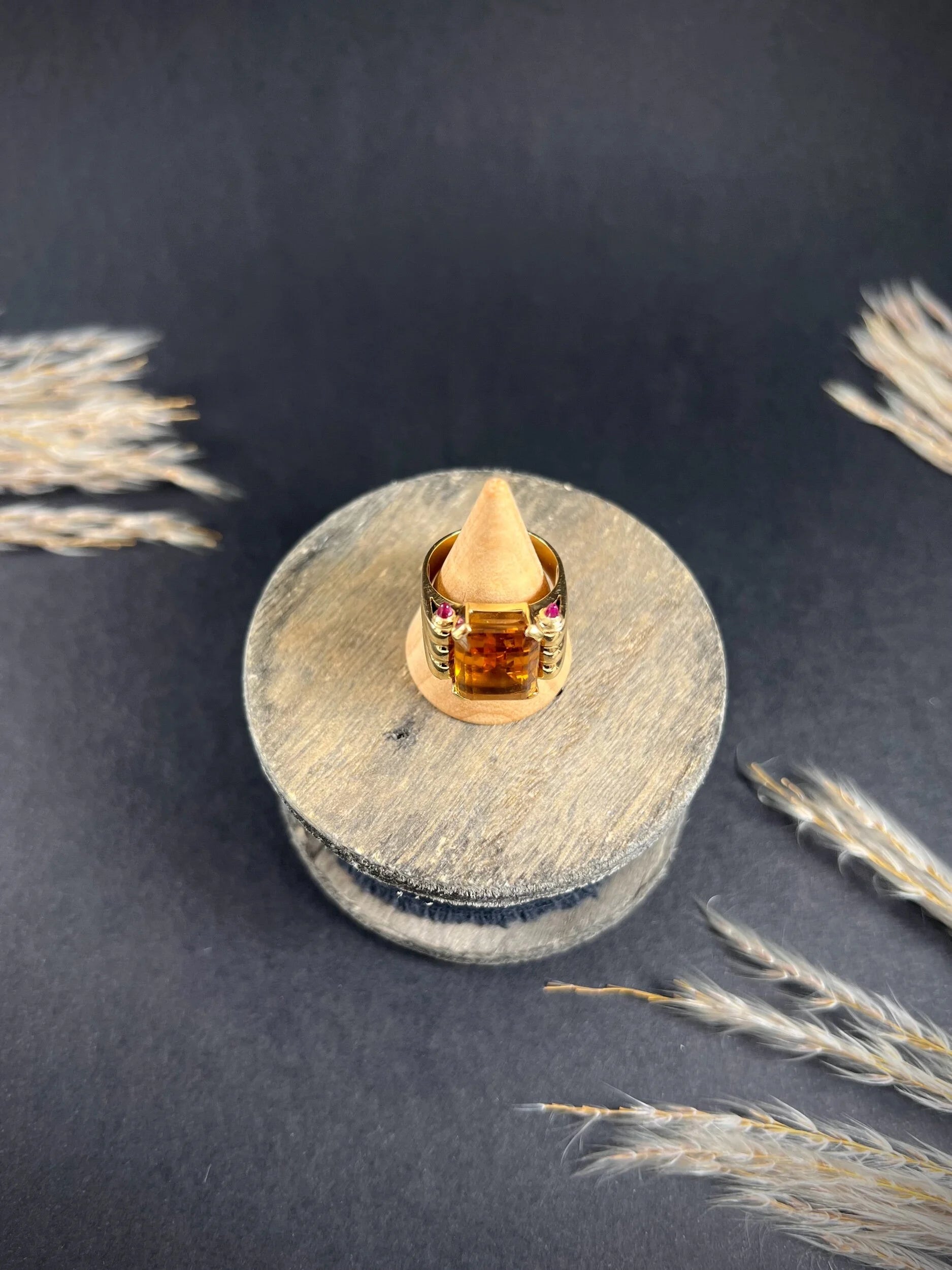 Vintage 18 Carat Yellow Gold Citrine and Cabochon Ruby Cocktail Ring, Circa 1940