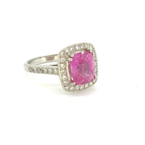 3.75ct Cushion Cut Pink Sapphire and Diamond Cluster Ring