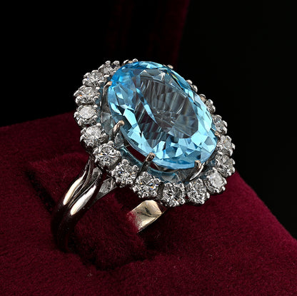 Vintage French 12cts Blue Topaz and Diamond Cluster Ring in Platinum and 18ct White Gold