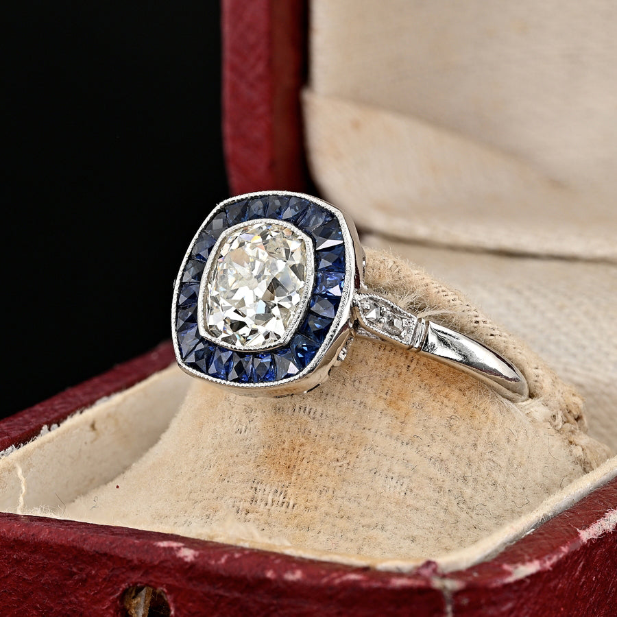 Vintage 2.10ct Old Mine Cut Diamond and Sapphire Target Cluster Engagement Ring in Platinum