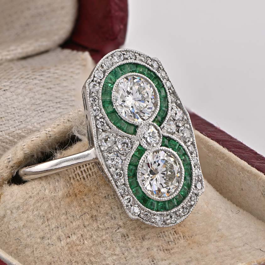 Edwardian Antique Diamond Two Stone and Emerald Cluster Plaque Ring