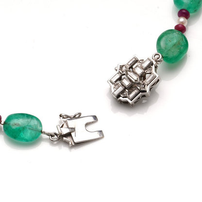 Art Deco Emerald Bead Necklace with Rubellites and Seed Pearls