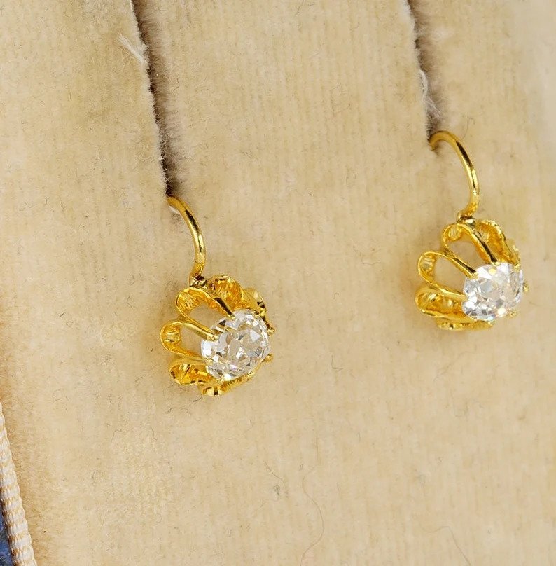 Antique Victorian 1ct Old Mine Cut Diamond Floral Earrings