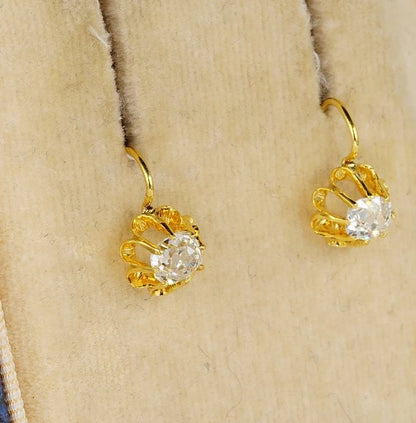 Antique Victorian 1ct Old Mine Cut Diamond Floral Earrings