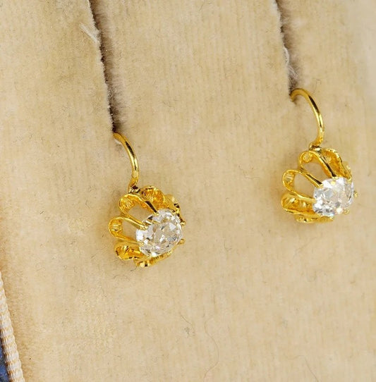 Antique Victorian 1ct Old Mine Cut Diamond Floral Earrings
