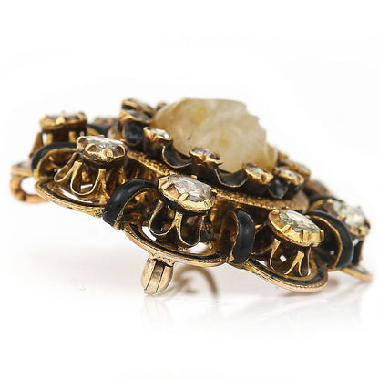 Antique Victorian Man in the Moon Feldspar Brooch with Rose Cut Diamonds and Black Enamel in 18ct yellow gold. Circa 1850