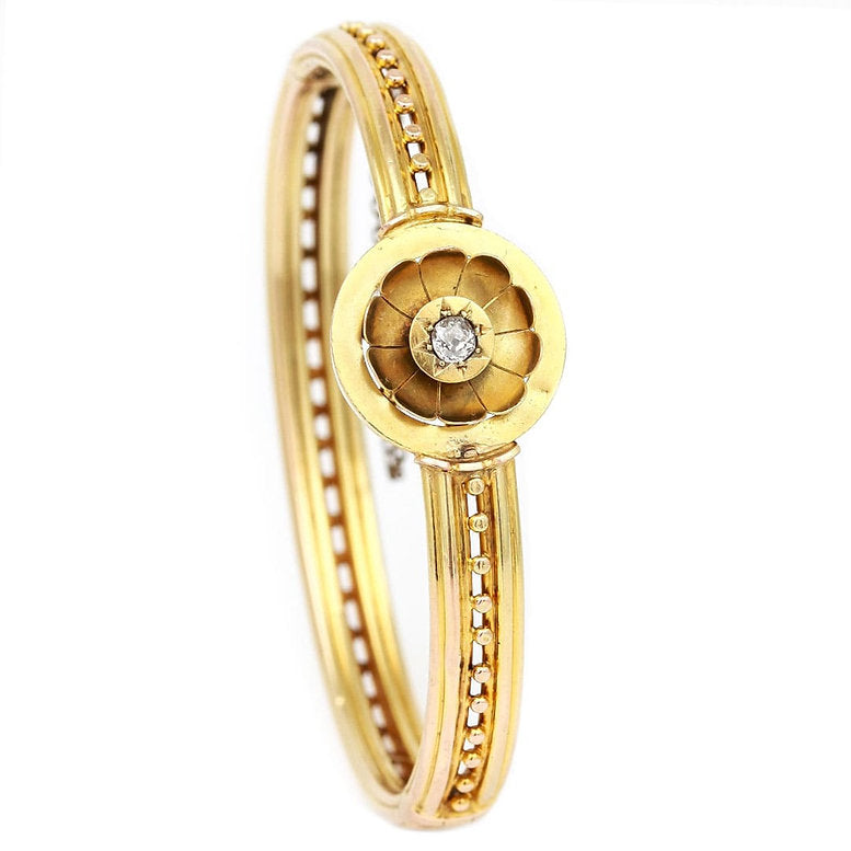 Antique Victorian Old Mine Cut Diamond Set 15ct Gold Beaded Bangle Bracelet