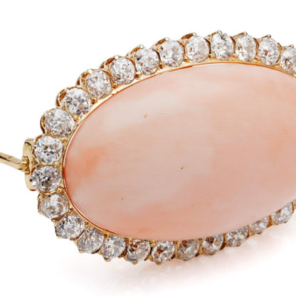 Antique Angel Skin Coral and 4.50ct Old Cut Diamond Cluster Brooch by Leitão & Irmão