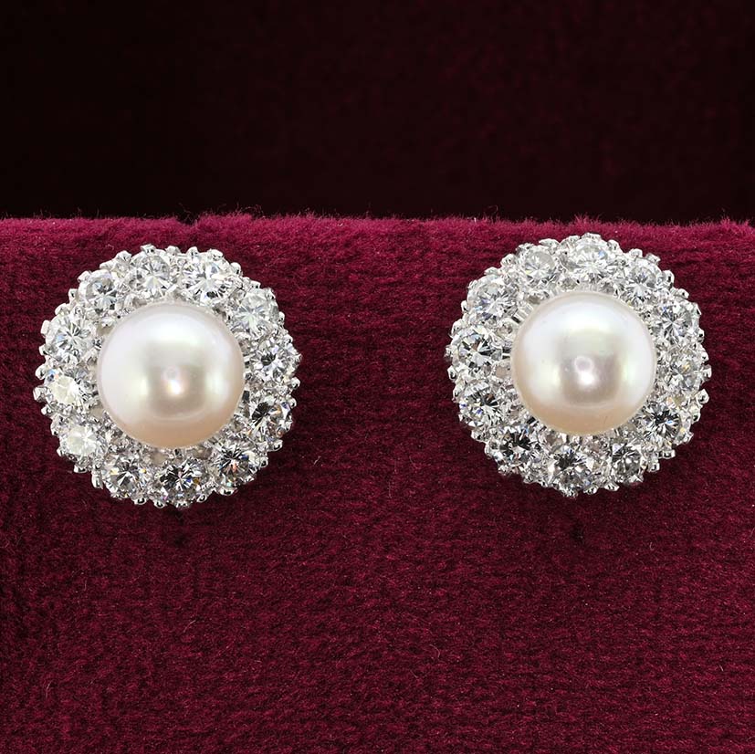 Vintage Pearl and Diamond Cluster Stud Earrings