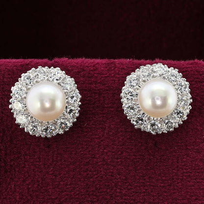 Vintage Pearl and Diamond Cluster Stud Earrings