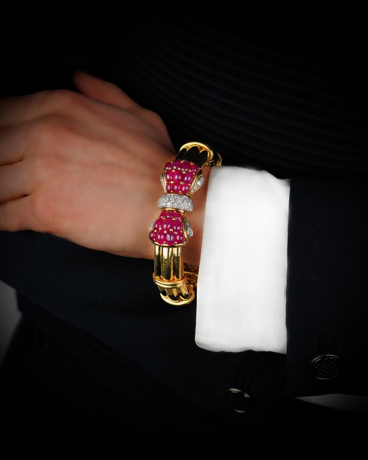 Italian 18ct Yellow Gold Bangle with Burma Ruby and Diamond Bow