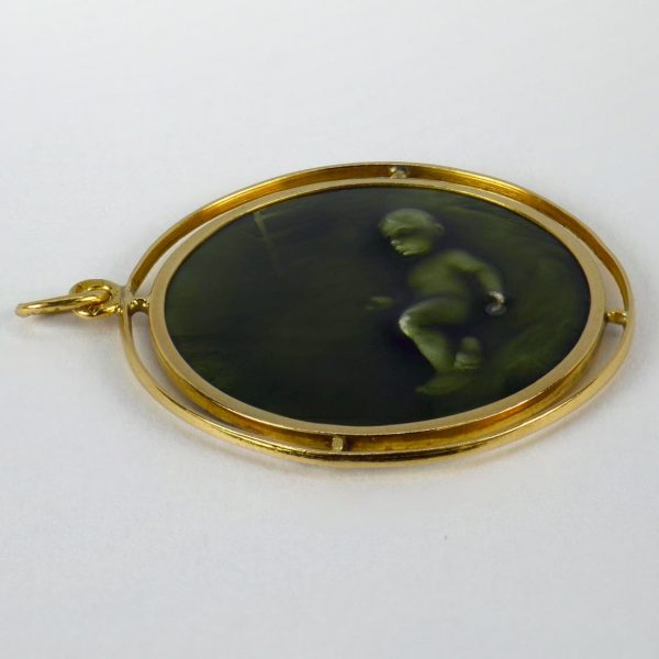 Green Enamel and 18ct Yellow Gold Baby Infant Charm Pendant