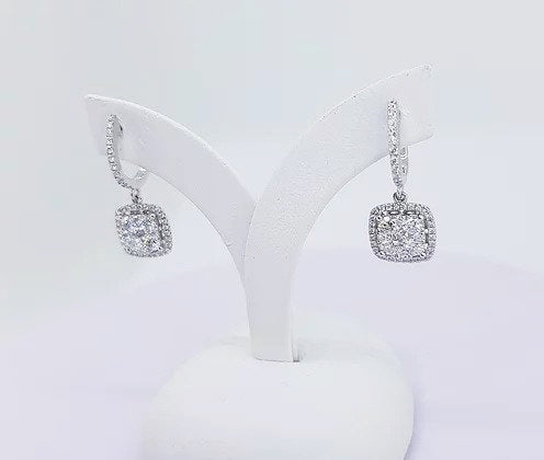 1.25ct Diamond Square Cluster Drop Earrings; square-shaped cluster of diamonds, illusion set, with diamond surround, diamond set hoop drop.