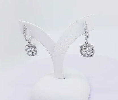 1.25ct Diamond Square Cluster Drop Earrings; square-shaped cluster of diamonds, illusion set, with diamond surround, diamond set hoop drop.