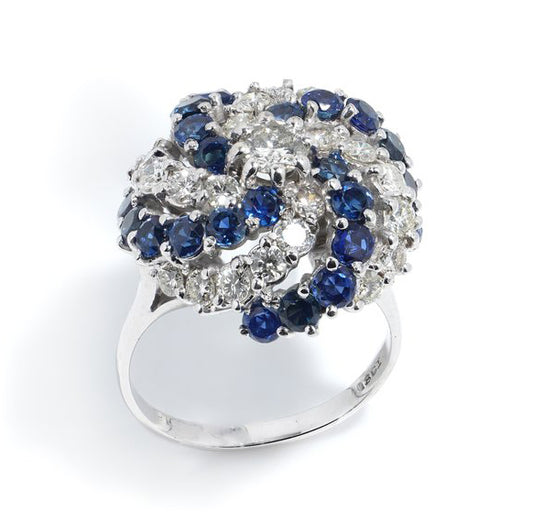 Sapphire and Diamond Catherine Wheel Cluster Ring