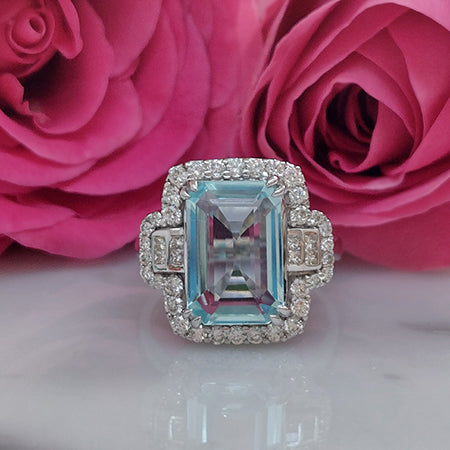 Aquamarine and Diamond Cluster Dress Ring with Princess Cut Diamond Shoulders