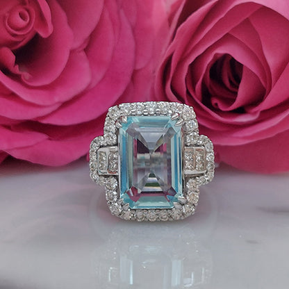 Aquamarine and Diamond Cluster Dress Ring with Princess Cut Diamond Shoulders
