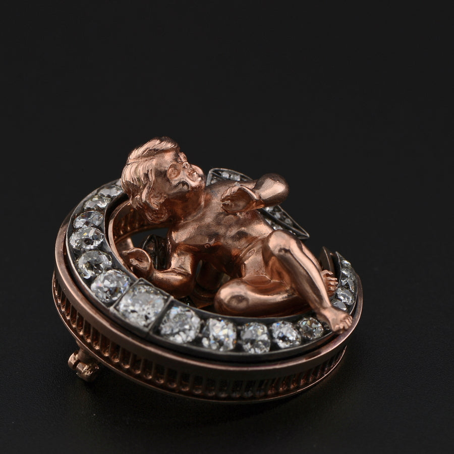 Antique Biedermeier Diamond Crescent Cherub Brooch Pendant