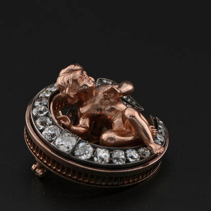 Antique Biedermeier Diamond Crescent Cherub Brooch Pendant