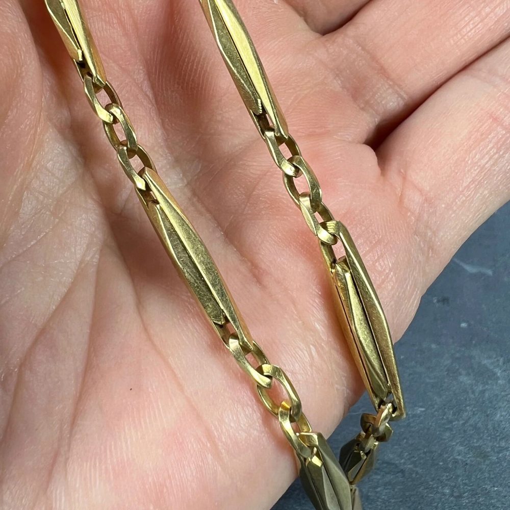 French 18ct Yellow Gold Fancy Faceted Curb Link Watch Chain Necklace