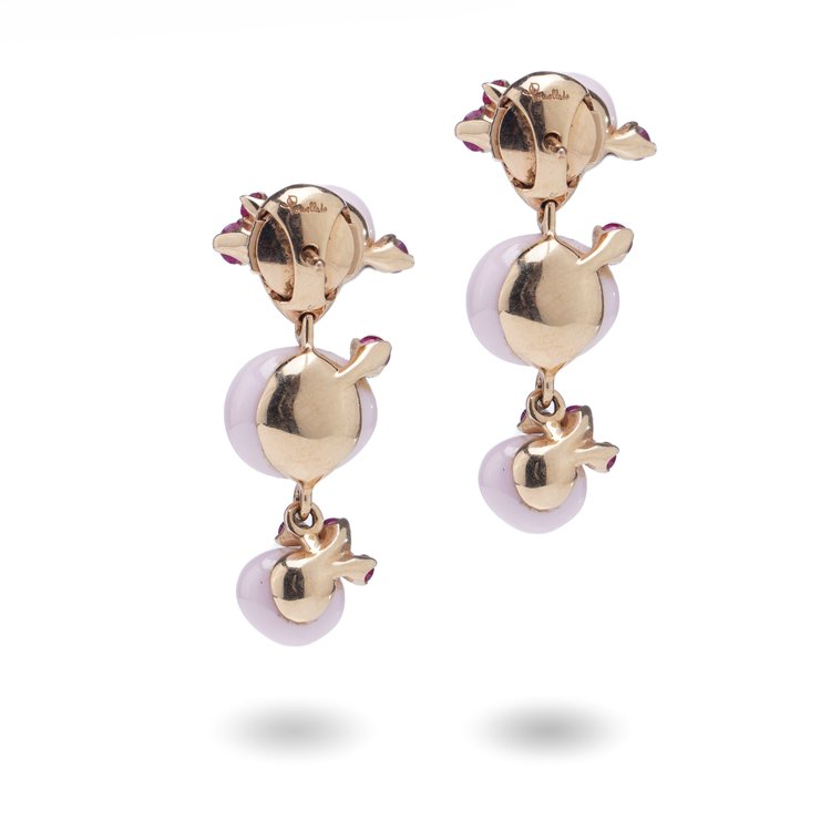 Italian 18ct Gold Pink Ceramic and Ruby Statement Drop Earrings by Pomellato Capri