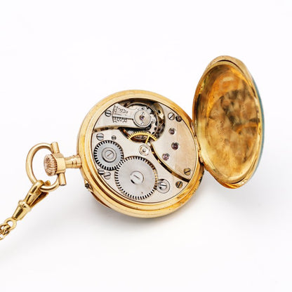 Vintage 1940s Gold and Guilloche Enamel Pendant Pocket Watch with Necklace