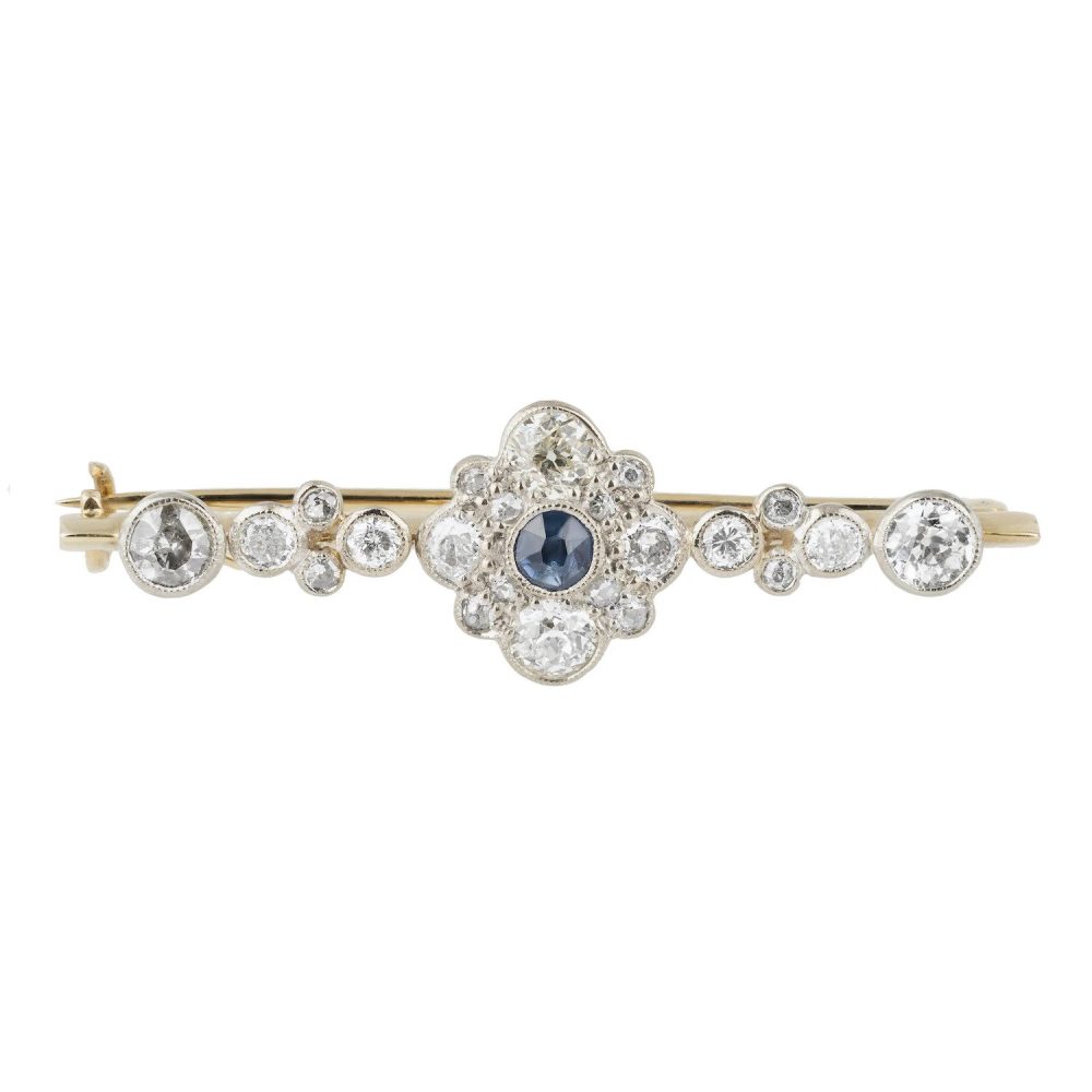 Edwardian Antique 2ct Old Cut Diamond and Sapphire Floral Cluster Bar Brooch