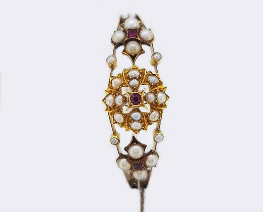 Antique Edwardian Pearl and Ruby Bangle Bracelet, 15ct gold.