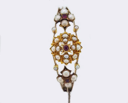 Antique Edwardian Pearl and Ruby Bangle Bracelet, 15ct gold.
