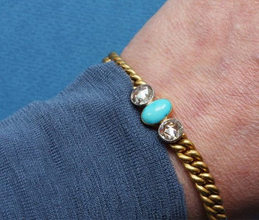 Antique Edwardian Turquoise, Rose Cut Diamond and 18ct Gold Bracelet