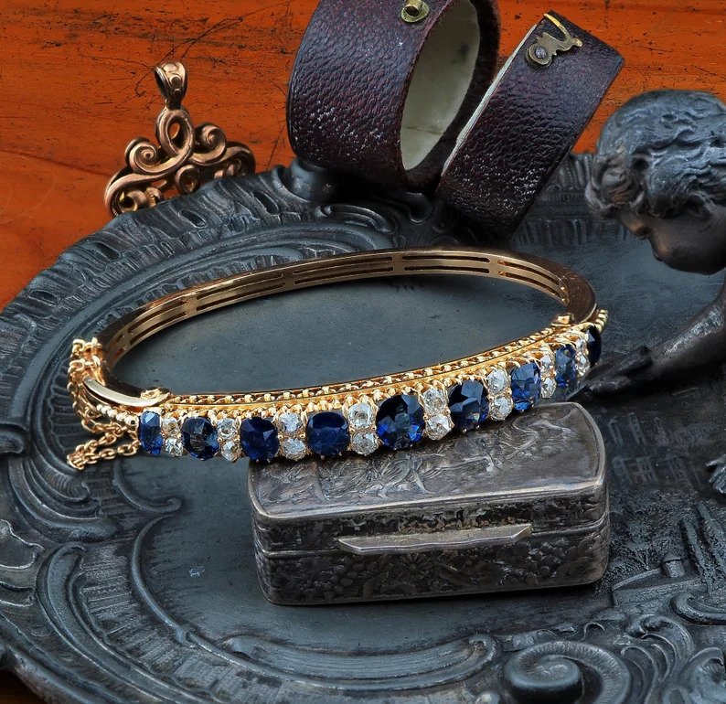 Antique Victorian 7.2ct Natural Sapphire and Diamond Bangle Bracelet