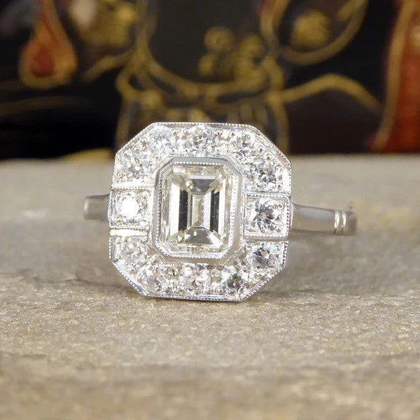 Art Deco Inspired 1ct Emerald Cut Diamond Cluster Ring in Platinum, 1.50 carat total