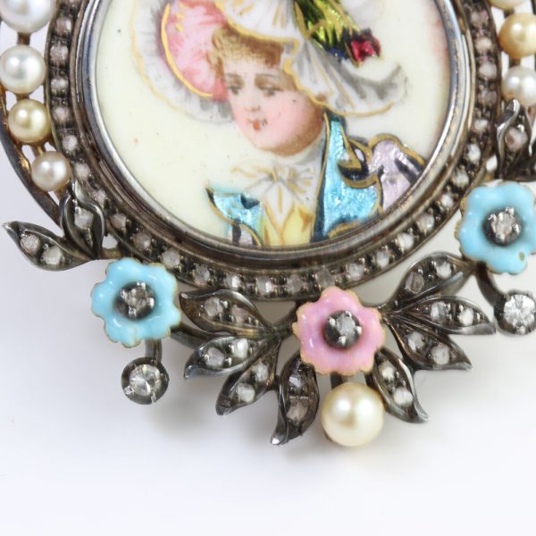 Antique Victorian Enamel Portrait Brooch; enamel portrait of young girl decorated with diamonds, pearls and enamel flowers, in silver and 15ct gold, Circa 1850s