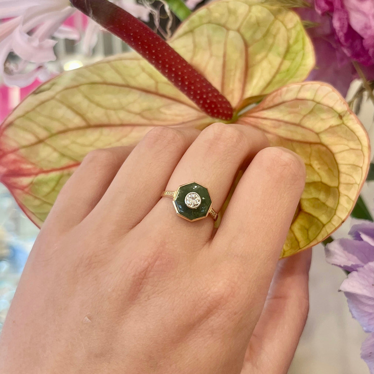 Old European Cut Diamond and Jade Octagonal Target Engagement Ring in 18ct Gold 18714-5237