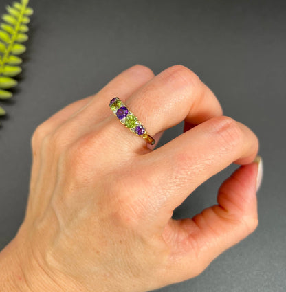 Edwardian Antique Amethyst Peridot and Diamond Carved Suffragette Ring