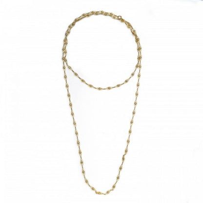 Antique French Gold Long Fancy Link Chain Necklace; fancy openwork navette links spaced by bow-shaped gold links, 18ct yellow gold, Circa 1900