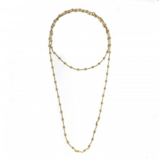 Antique French Gold Long Fancy Link Chain Necklace; fancy openwork navette links spaced by bow-shaped gold links, 18ct yellow gold, Circa 1900