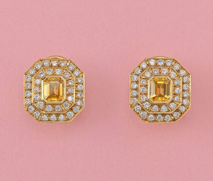 Vintage John Van de Vet / Steltman 1.8ct Emerald-Cut Yellow Sapphire and 1.23ct Diamond Cluster Earrings, 18ct yellow gold, Signed: Steltman, Netherlands