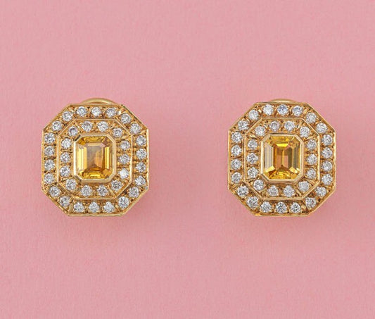 Vintage John Van de Vet / Steltman 1.8ct Emerald-Cut Yellow Sapphire and 1.23ct Diamond Cluster Earrings, 18ct yellow gold, Signed: Steltman, Netherlands