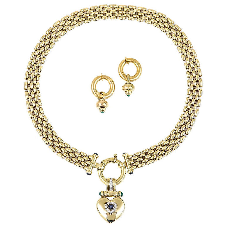 Vintage Gold Collar Necklace with Sapphire and Diamond Heart Pendant and Earrings Suite
