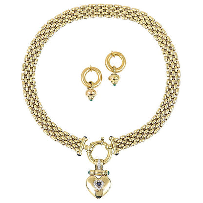 Vintage Gold Collar Necklace with Sapphire and Diamond Heart Pendant and Earrings Suite
