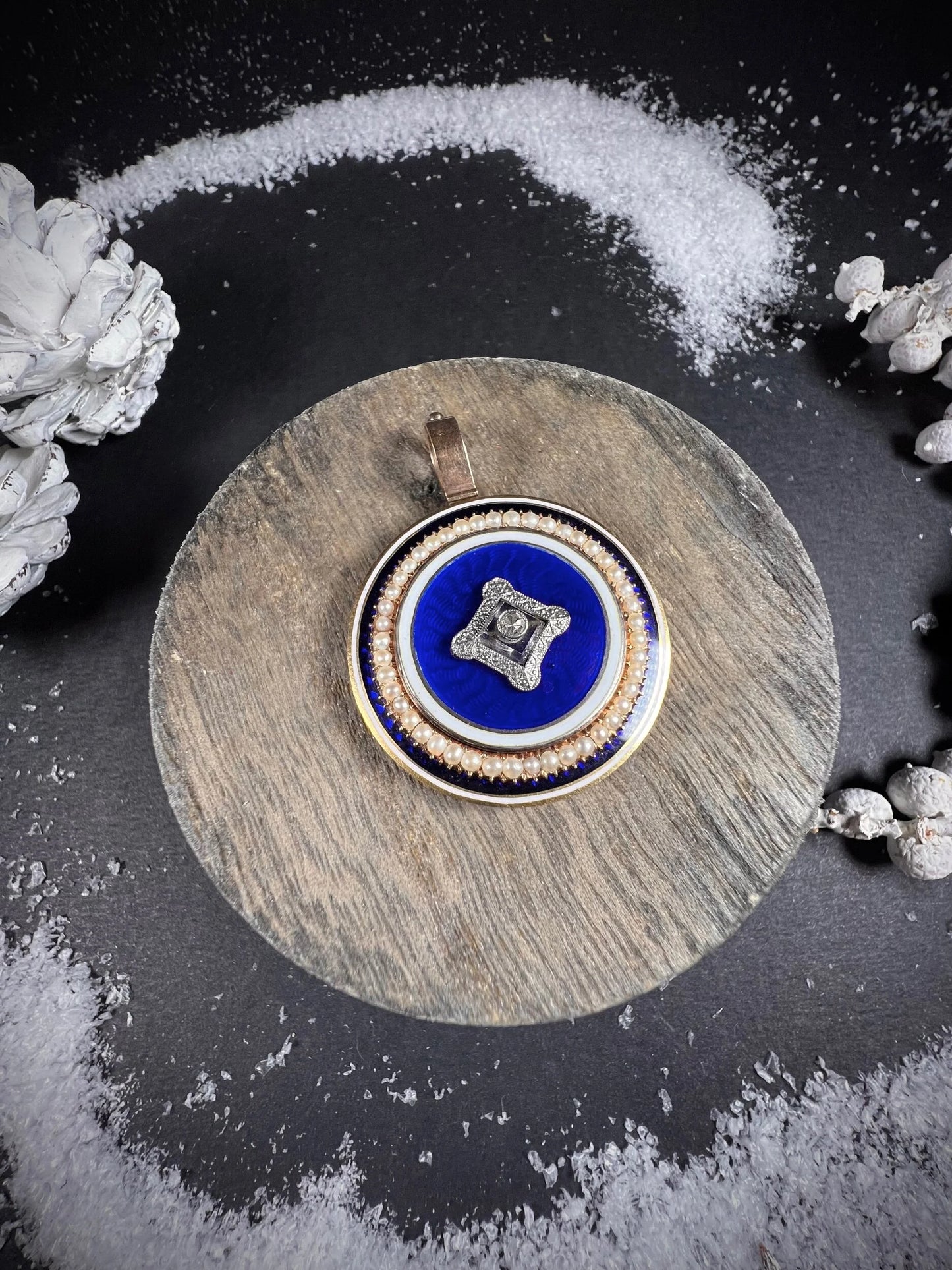 Antique 15 Carat Gold Guilloche Enamel, Diamond, Pearl and Rock Crystal Locket Pendant