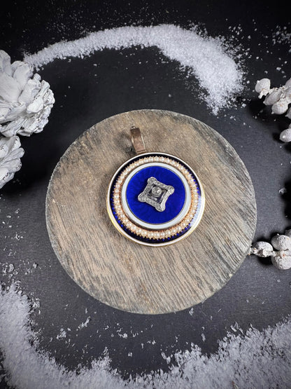 Antique 15 Carat Gold Guilloche Enamel, Diamond, Pearl and Rock Crystal Locket Pendant
