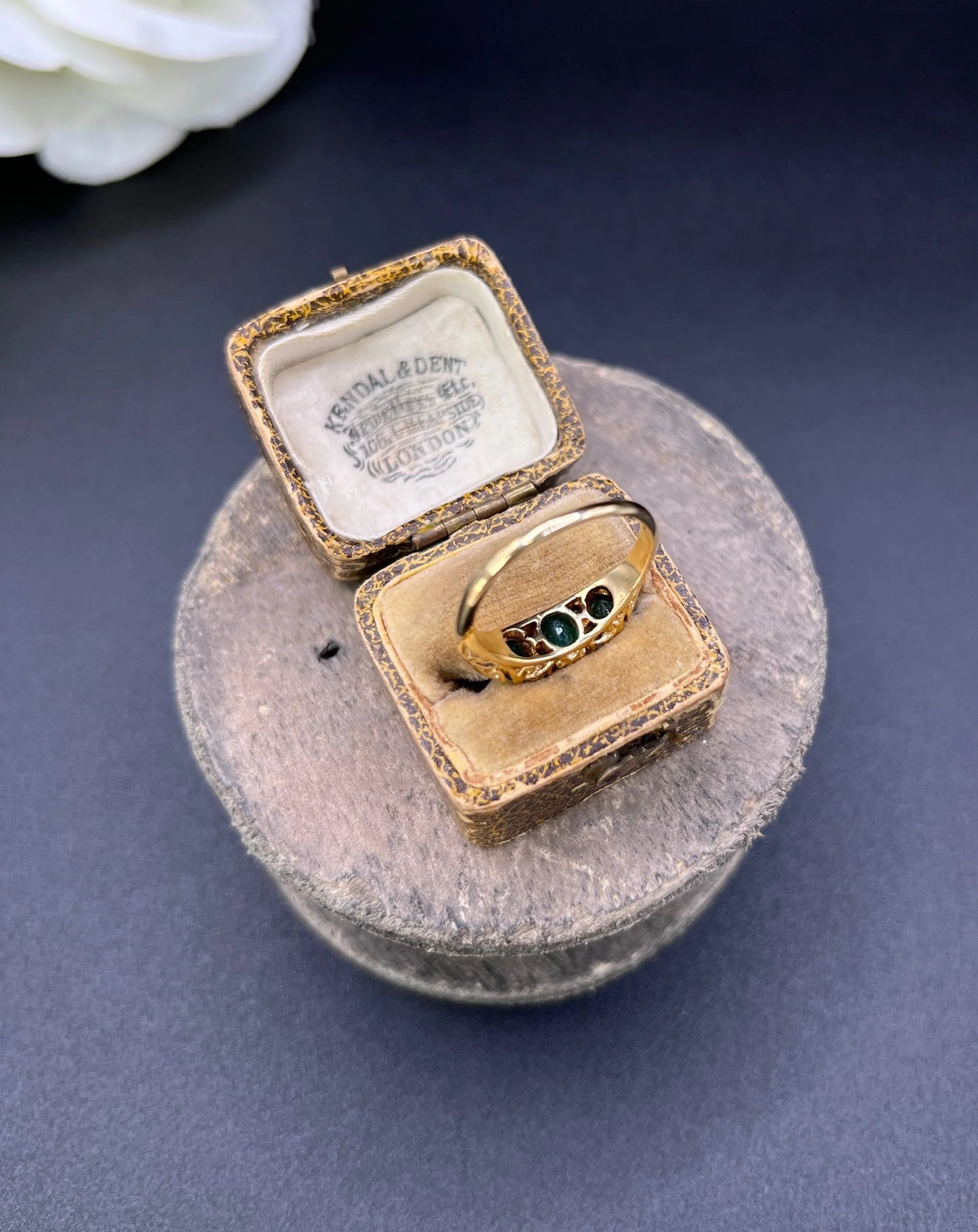 Vintage 18ct Yellow Gold, 1960s Victorian Style Emerald and Diamond Carved Ring