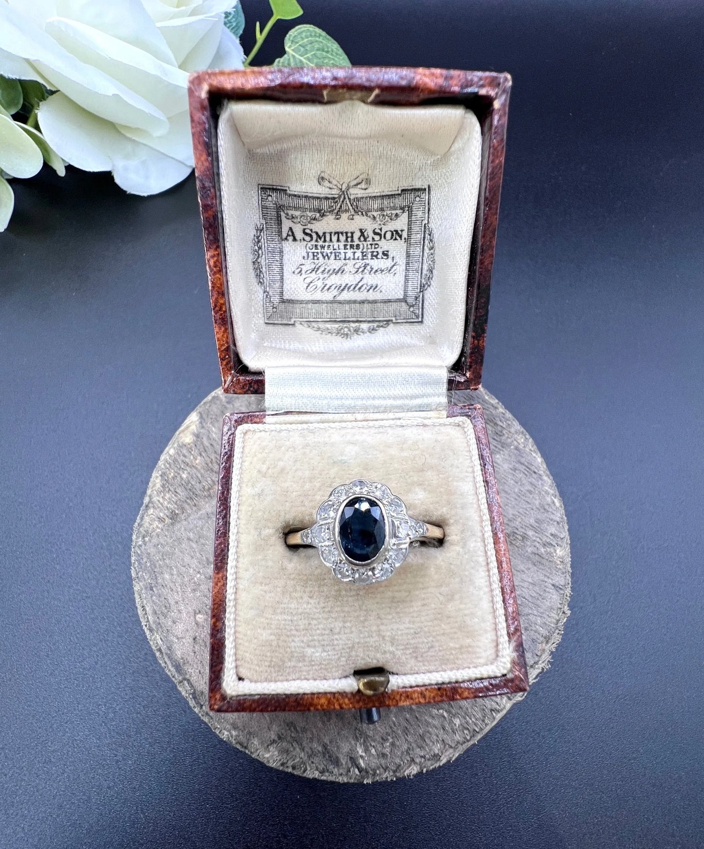 Antique 18ct Gold & Platinum, 1920s Sapphire and Diamond Oval Cluster Ring