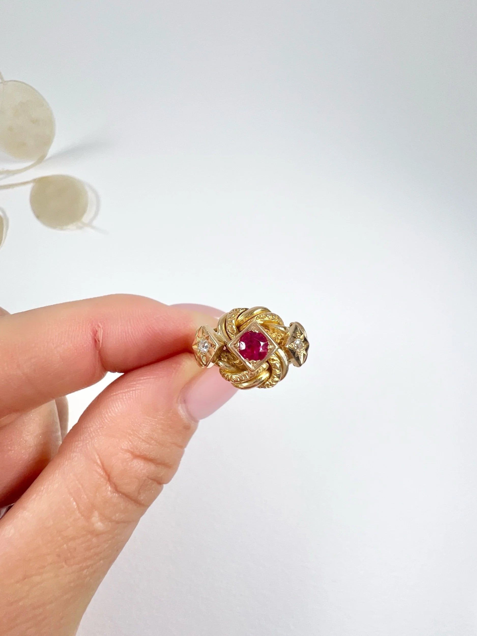 Antique 18 Carat Gold Ruby and Diamond Fancy Knot Ring, Hallmarked Birmingham 1916