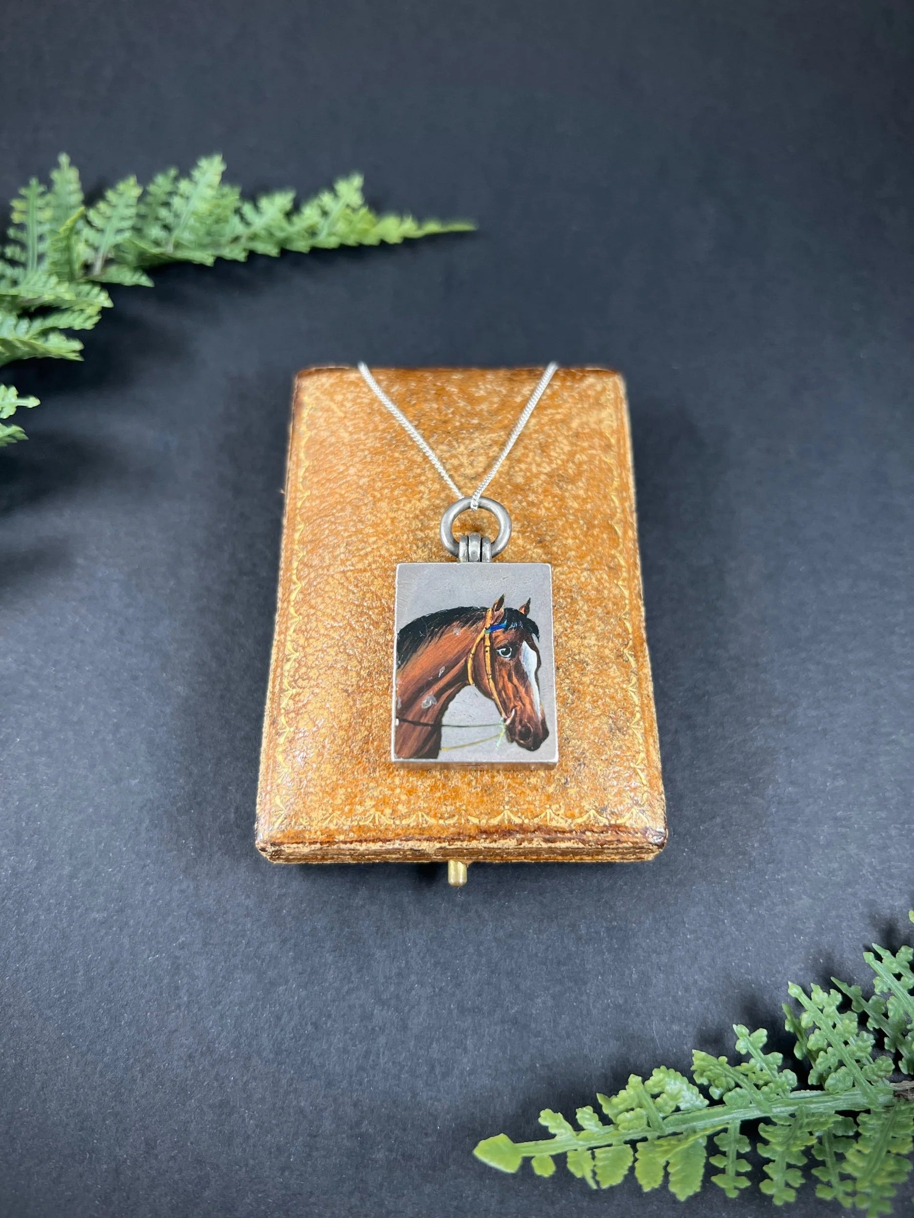 Antique French Silver, Edwardian Era Rectangular Enamel Horse Locket, Heirloom Gift
