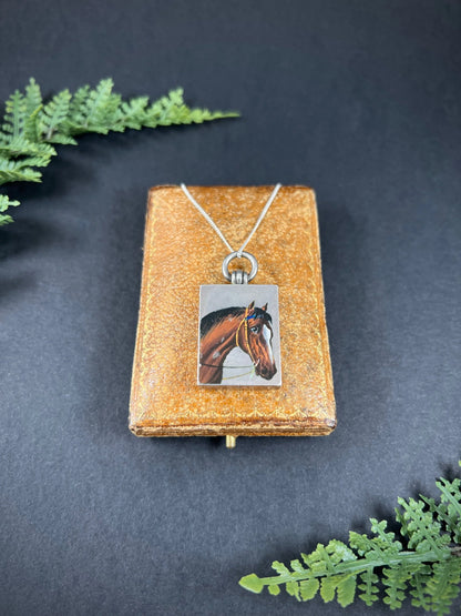 Antique French Silver, Edwardian Era Rectangular Enamel Horse Locket, Heirloom Gift