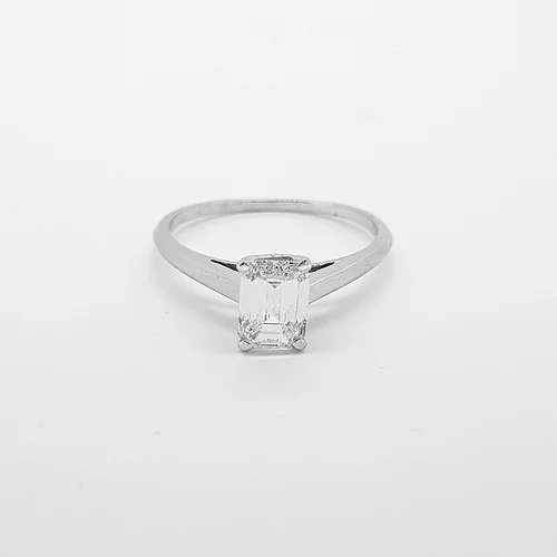 Emerald Cut Diamond Solitaire Engagement Ring; 1.00 carat diamond single stone ring, claw set and mounted in 18ct white gold